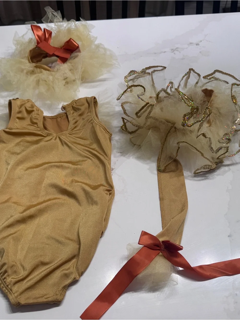 Gold Tulle Kids Costume Leotard with Orange Bows